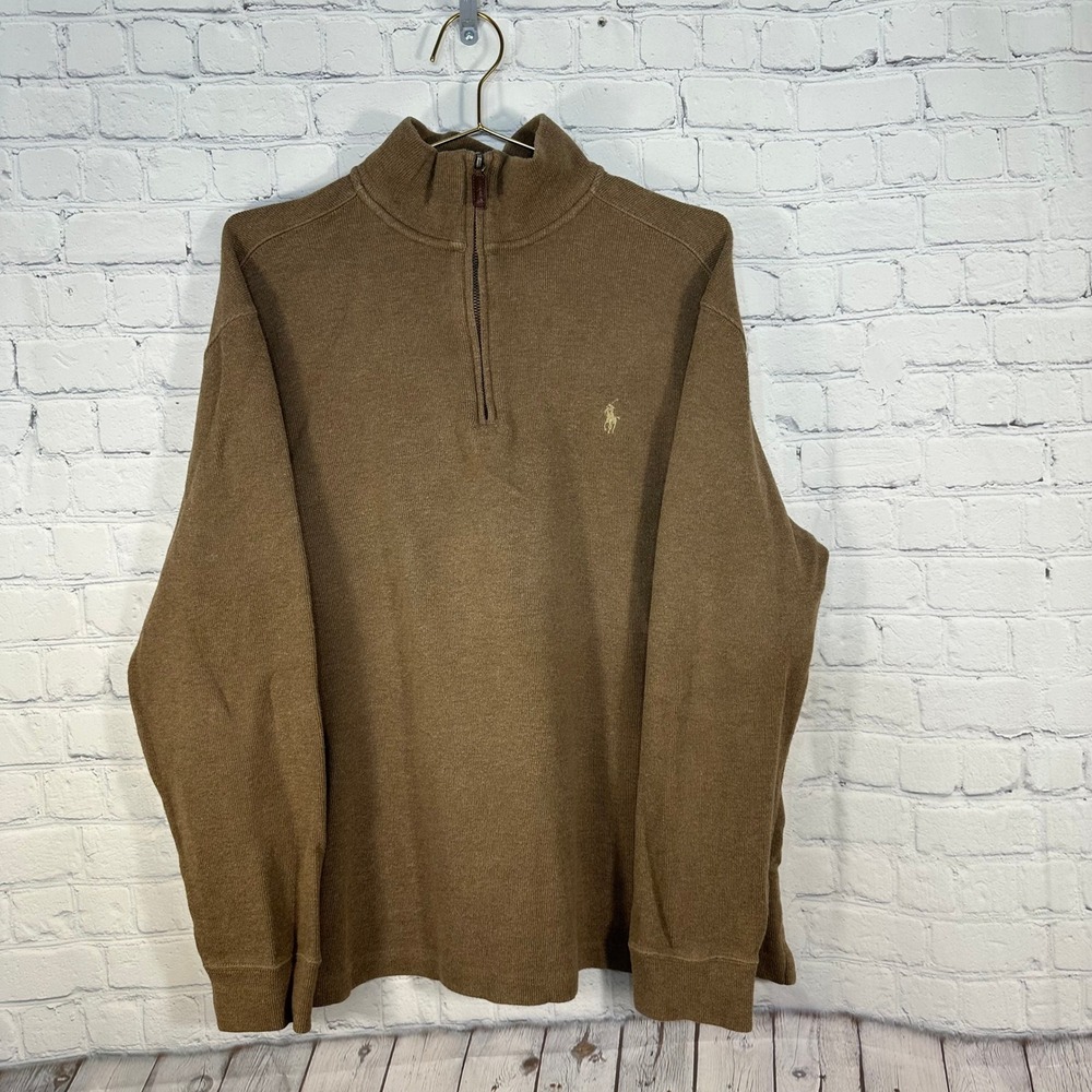 Polo Ralph Lauren Mens Brown Cotton 1/4 Zip Pullover Sweater Large Pony Logo